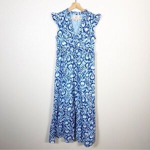 BANJANAN Size Small Womens Constance Midi Dress in Blue Ikat Bosphorus Print‎